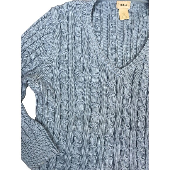 LL Bean Sweater Women Medium M Blue Cable Knit V Neck Cotton Long Sleeve - Picture 5 of 10